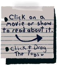 A sticky note is taped to the TV screen. It says 'click on a movie or show to read about it. Click and drag the toys.