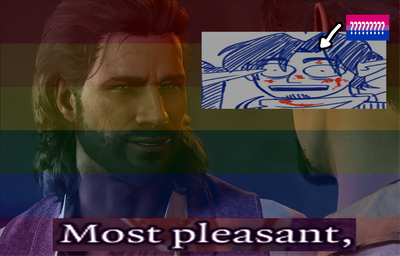 Gale looks at Ryker and says 'Most Pleasant.' There is a gay flag filter, a drawing of Ryker looking comically scared, and a bisexual flag with question marks pointing to him.