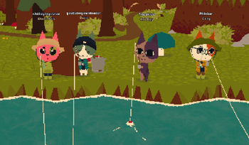 Four Webfishing characters stand in a row, fishing together.