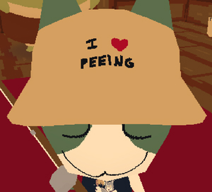 My character wearing a hat that says I LOVE PEEING.